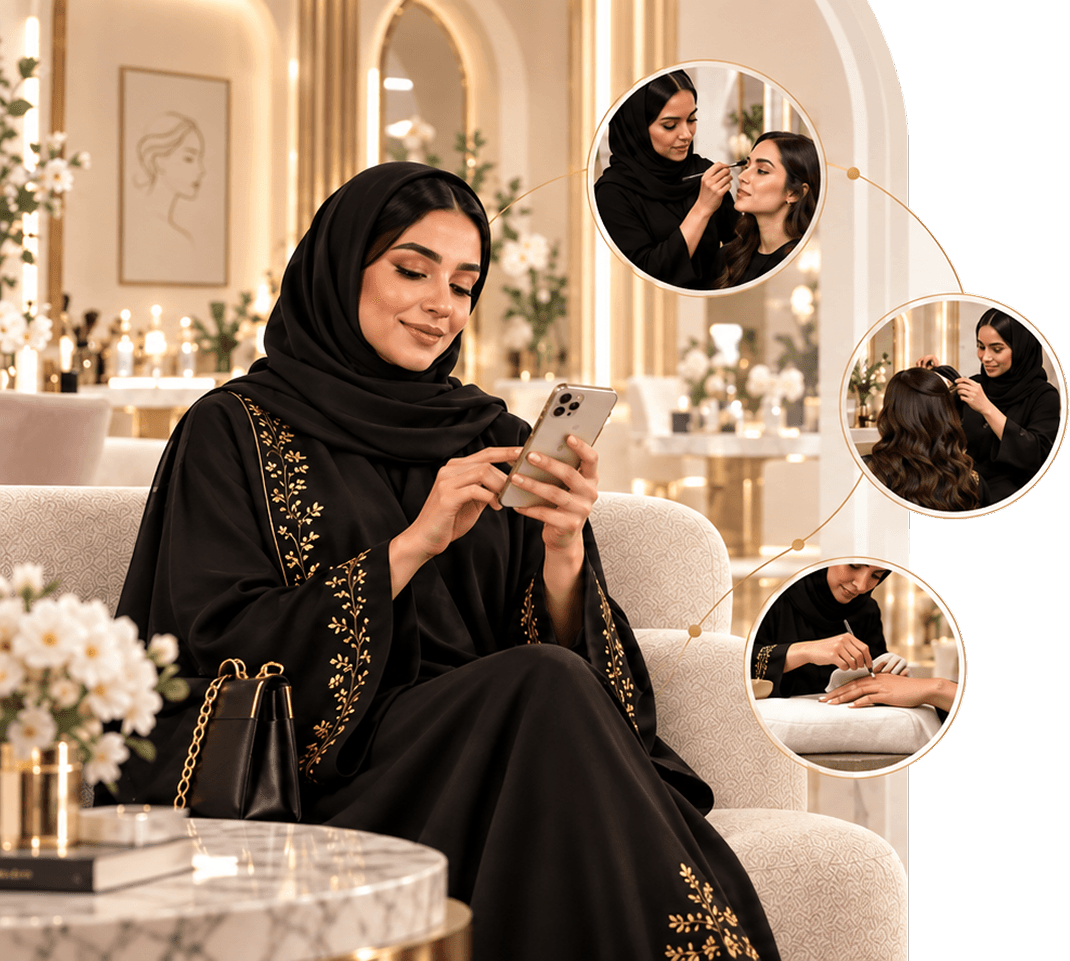 A MalMahi customer browsing services on her phone, with preview circles of a makeup, hair, and henna appointment